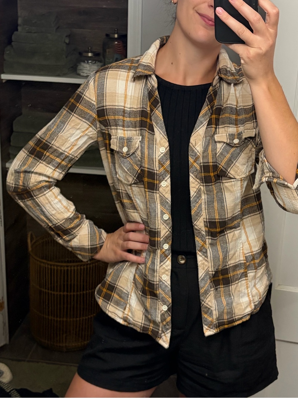 Plaid Button-Up Shirt Jacket in Cream, Brown & Mustard